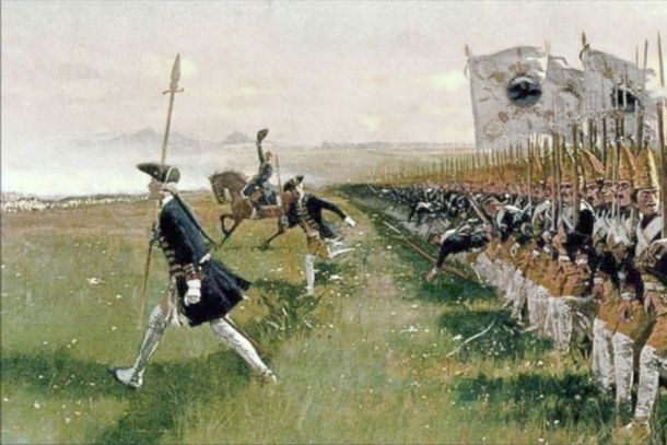 Angriff preußischer Infanterie in Lineartaktik – nicht zeitgenössische Darstellung des 19. Jahrhunderts von Carl Röchling.