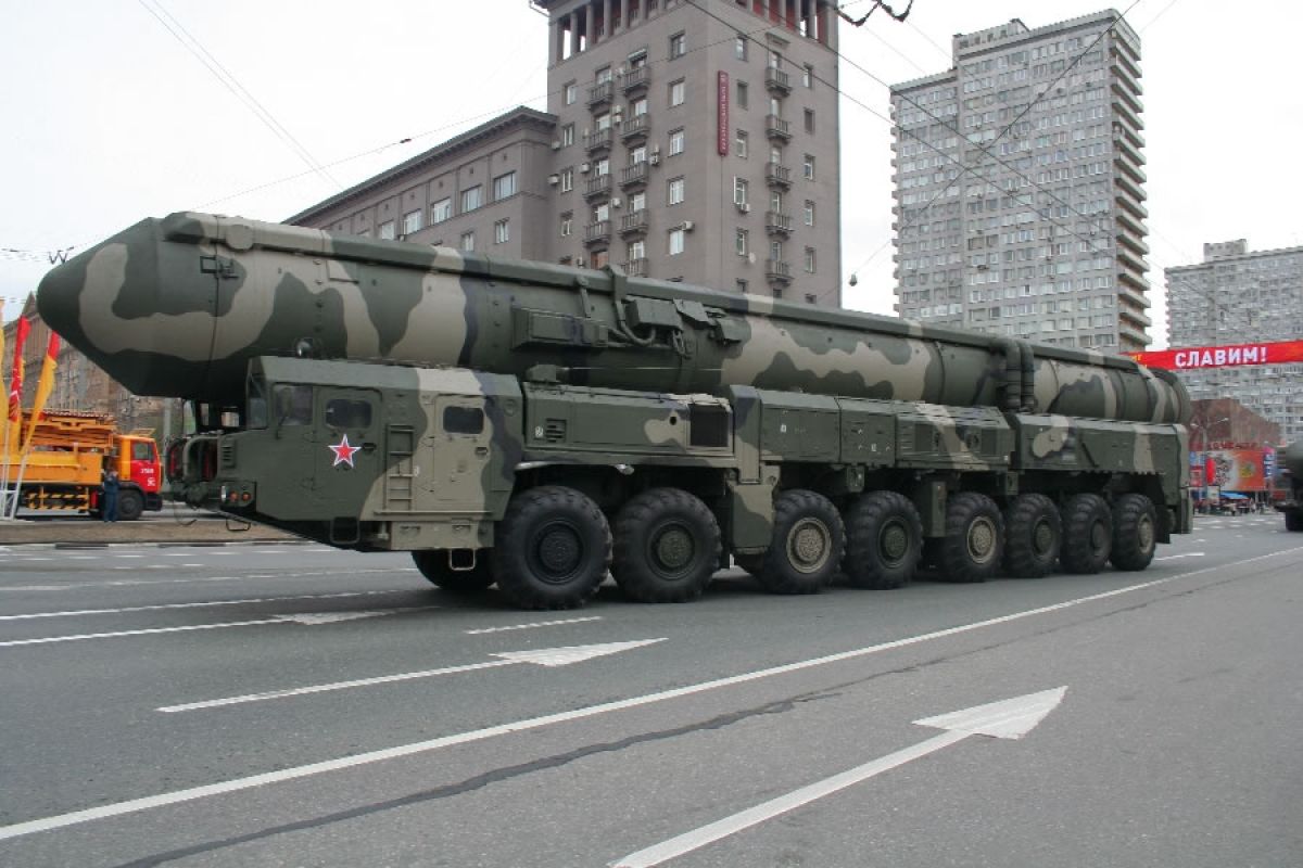 Topol-M, eine ballistische Interkontinentalrakete bei der Vorbereitung zur Siegesparade in Moskau.
