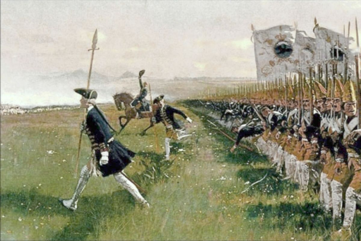 Angriff preußischer Infanterie in Lineartaktik – nicht zeitgenössische Darstellung des 19. Jahrhunderts von Carl Röchling.